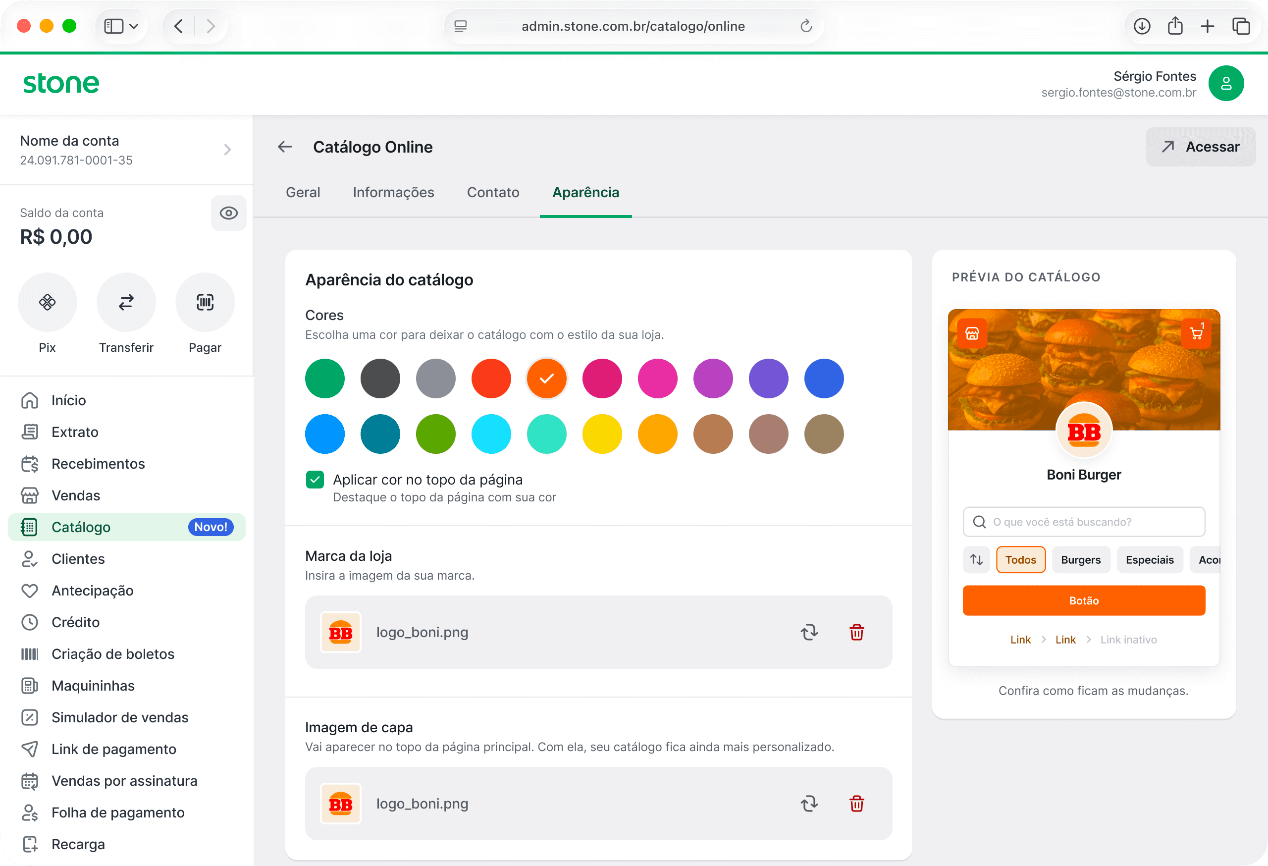 Online Catalog backoffice: Appearance — catalog colors, logo, and cover image.