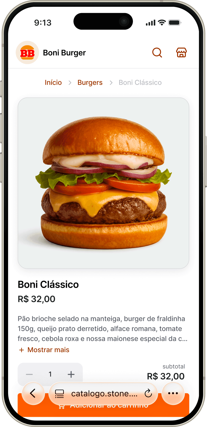 A product page in the catalog, with the item’s photo, price, description, and an add-to-cart button.