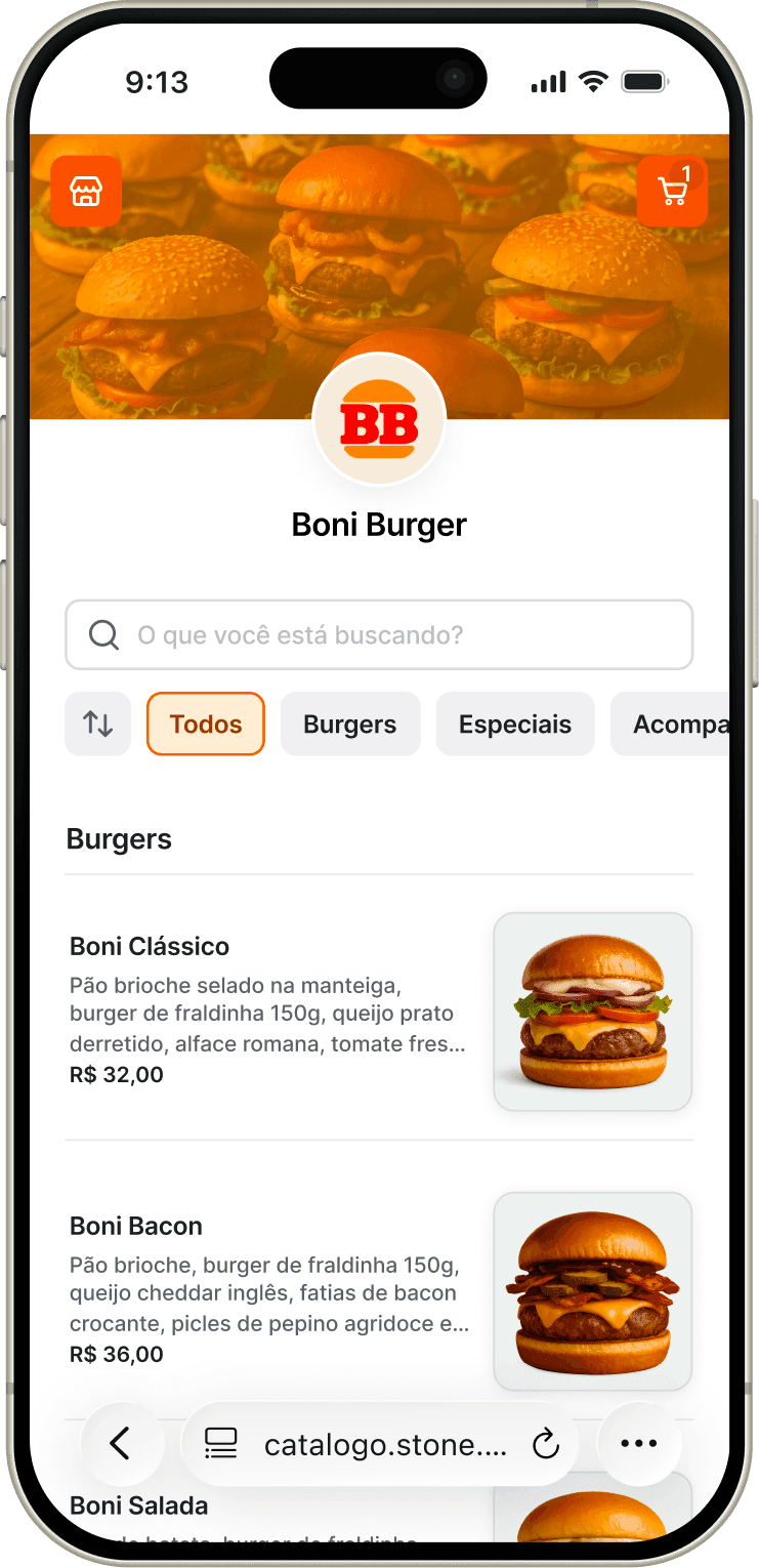 The catalog’s product list, with a search field, category filters, and items grouped by type.