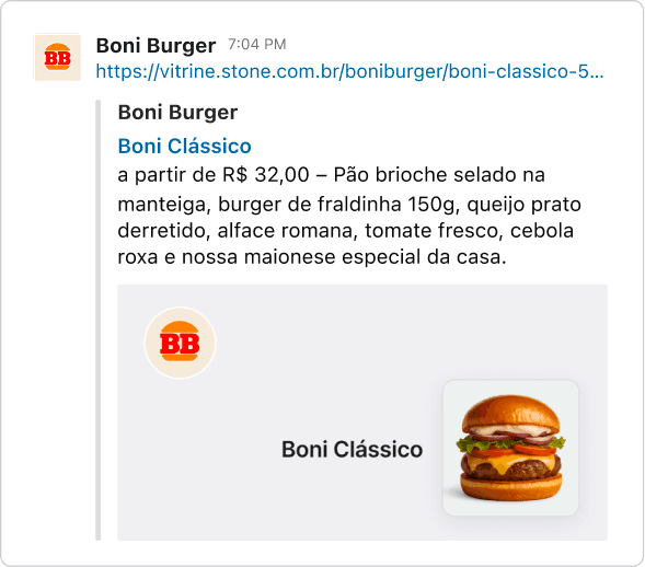 A Slack message sharing a product link, with a link preview showing the item’s photo, price, and description.