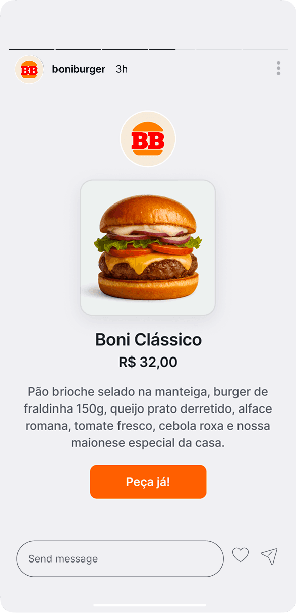 An Instagram story sharing a product — a burger with its price, description, and a button to order it.
