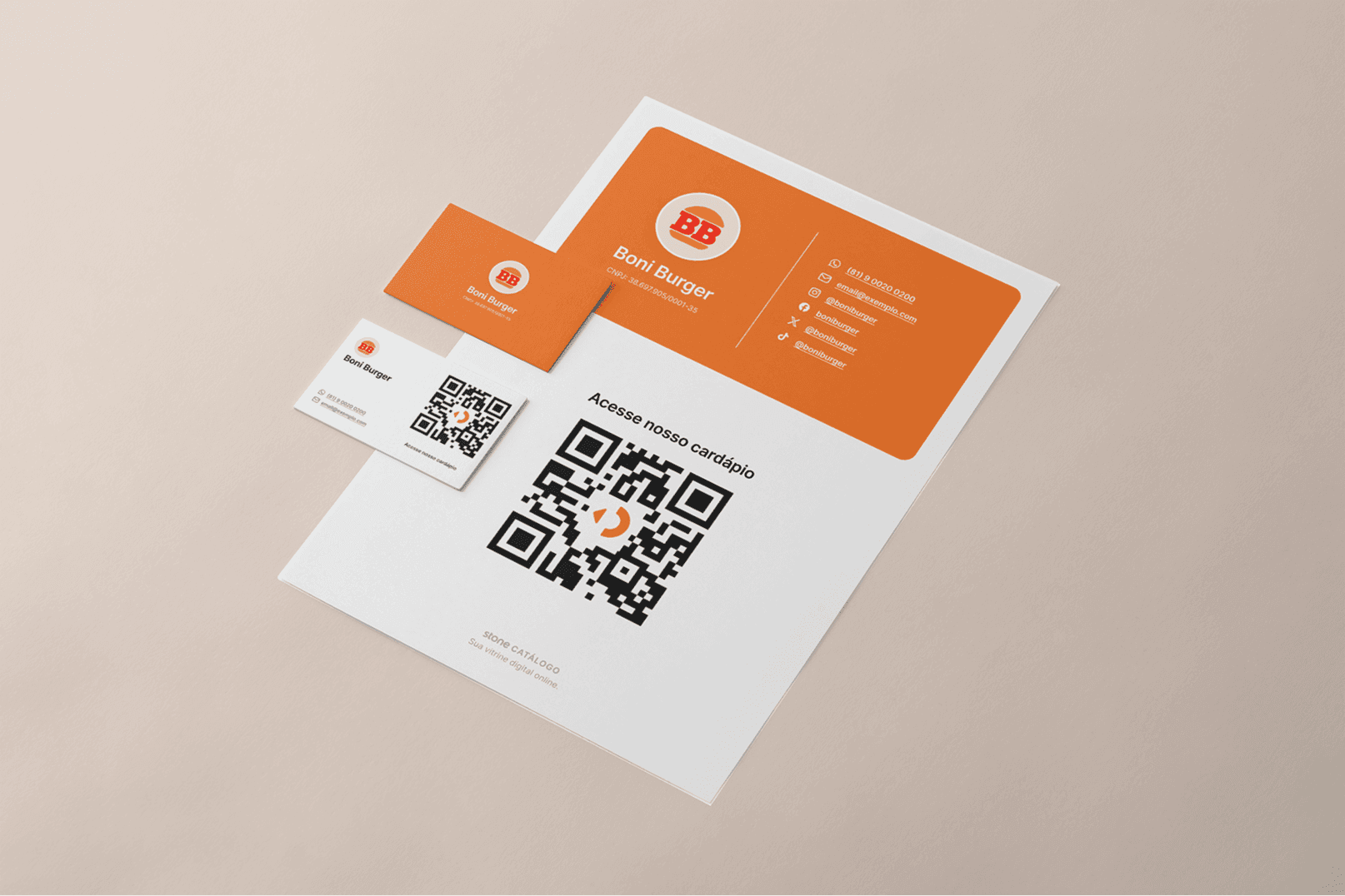 A printed flyer and business card with the store’s logo and the catalog’s QR code.