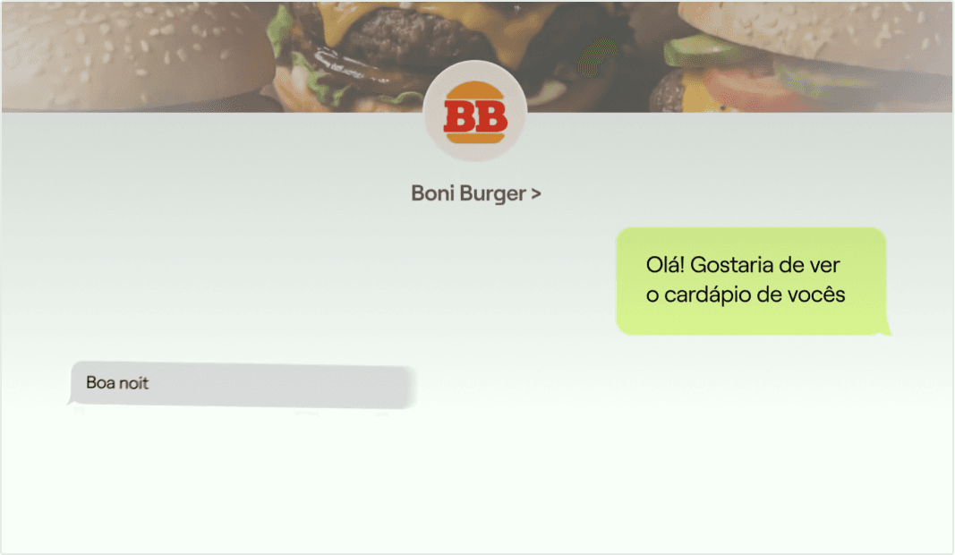 A still from the promotional video — a WhatsApp-style chat where a customer messages Boni Burger asking to see the menu.